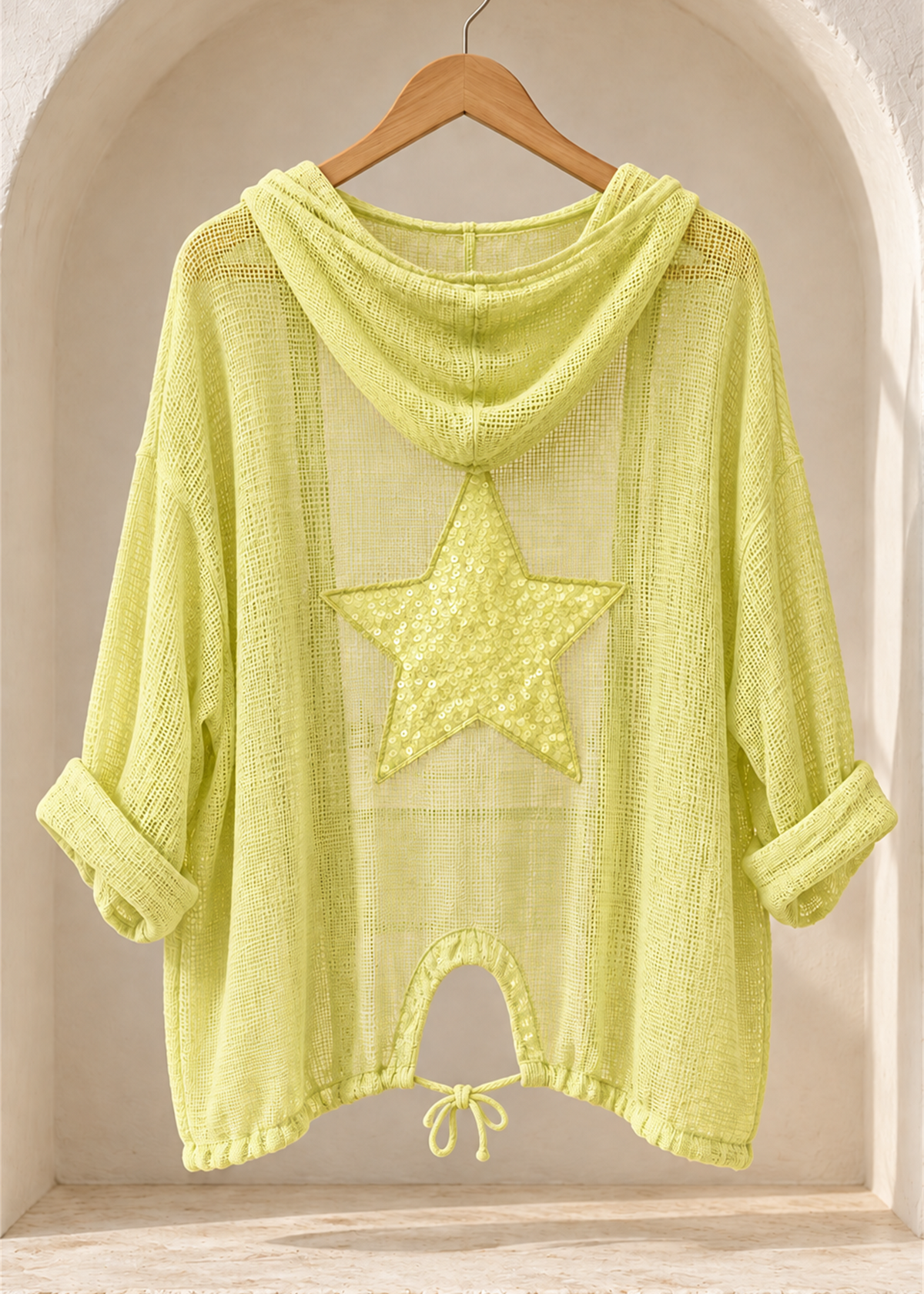 Stella Star Cotton Mesh Hooded Cardigan, pale lime back view