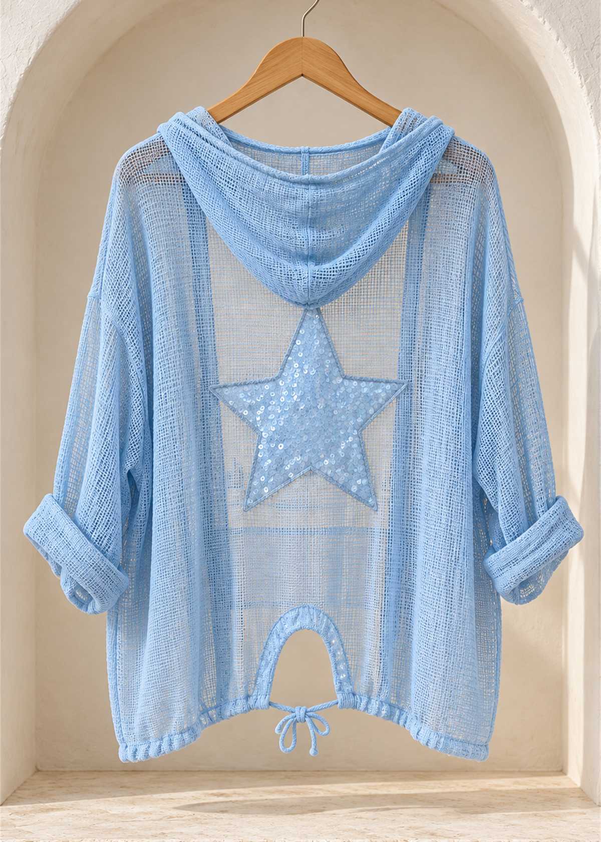 Stella Star Cotton Mesh Hooded Cardigan, sky blue back view