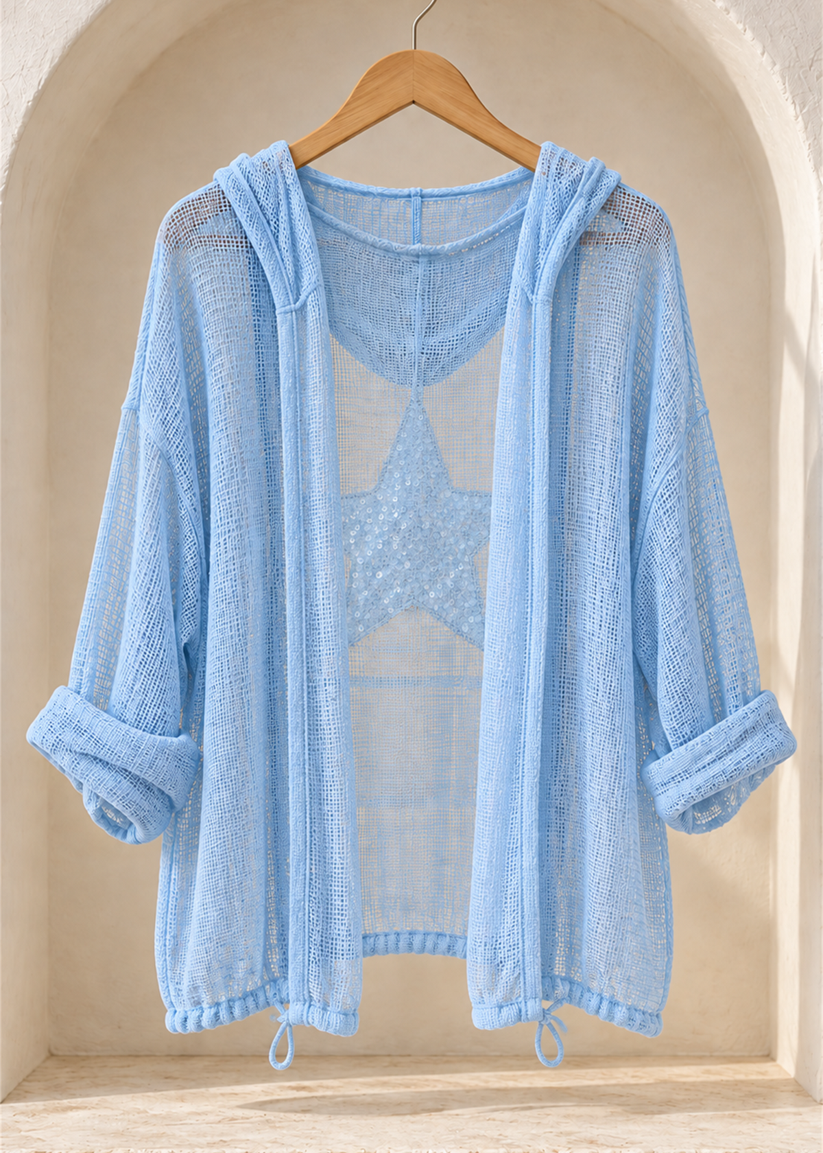 Stella Star Cotton Mesh Hooded Cardigan, sky blue front view