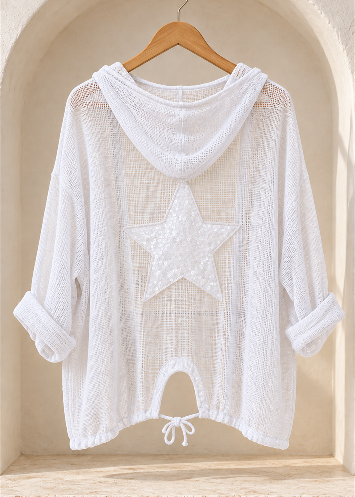 Stella Star Cotton Mesh Hooded Cardigan, white back view