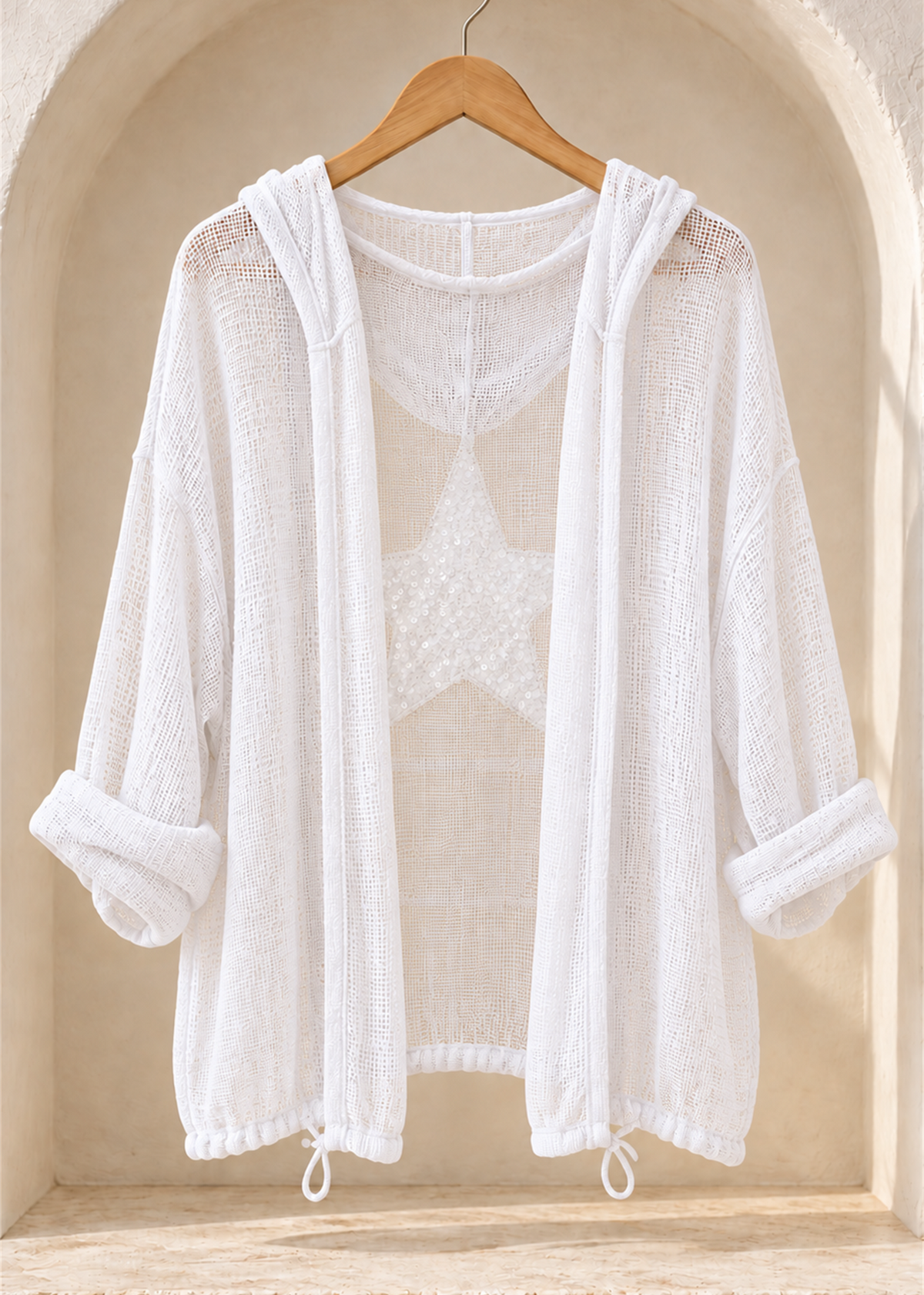 Stella Star Cotton Mesh Hooded Cardigan, white front view