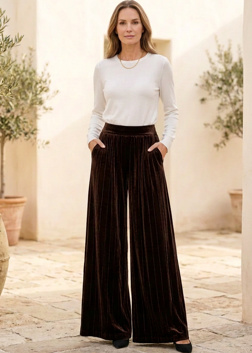 Milano Pleated Velvet Wide-Leg Pants