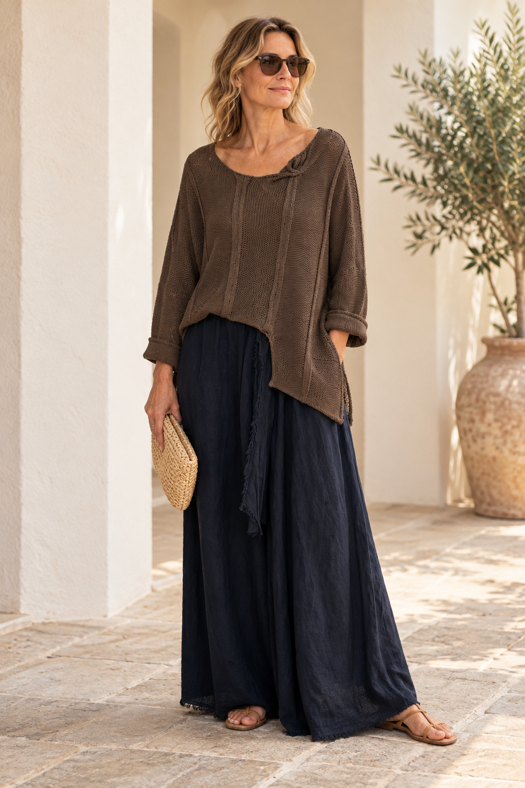 Brown Italian cotton poncho sweater on a model, showing asymmetric front hem and folded neckline detail