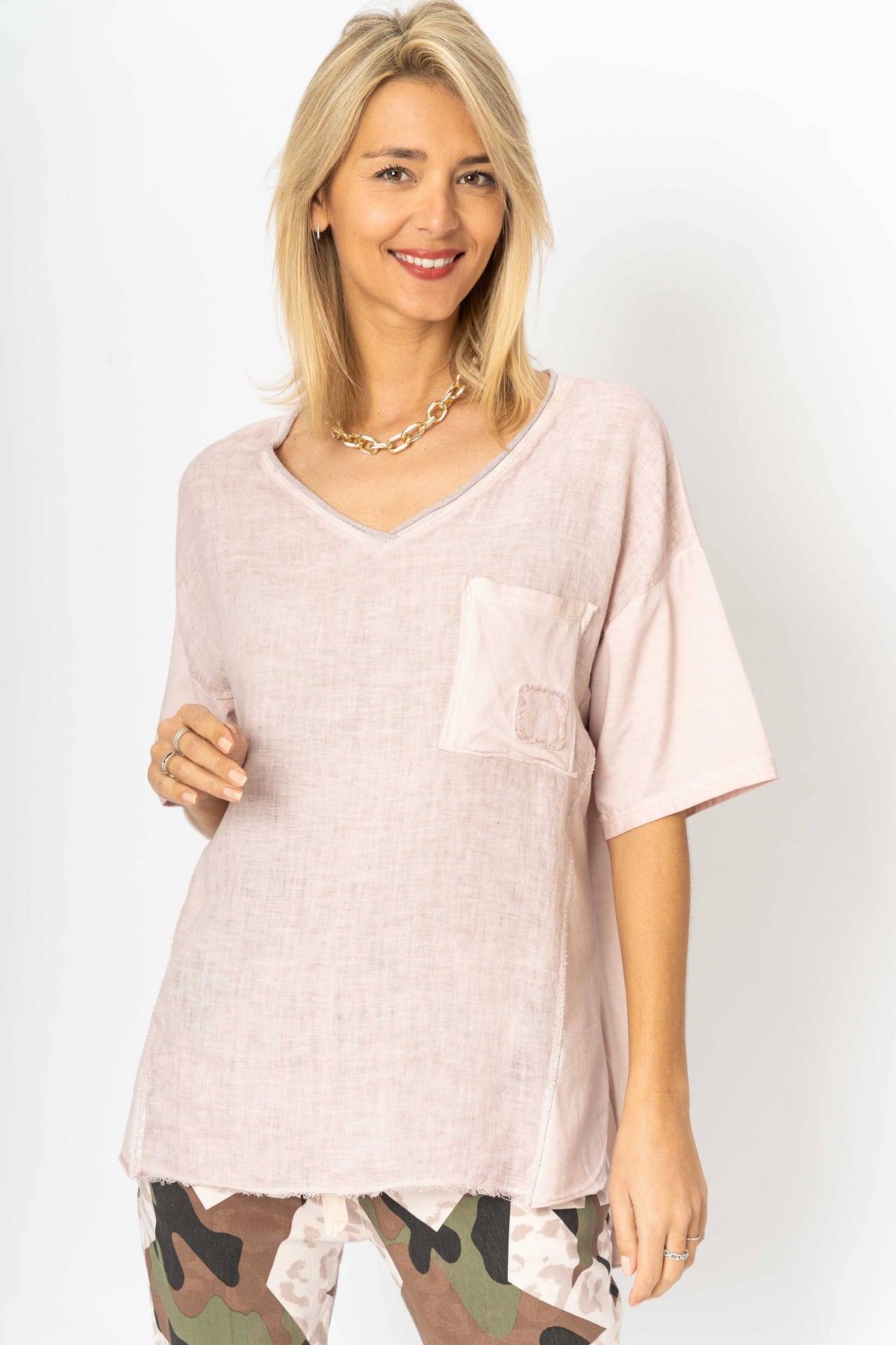 Italian Silver Trim Linen V-Neck Top