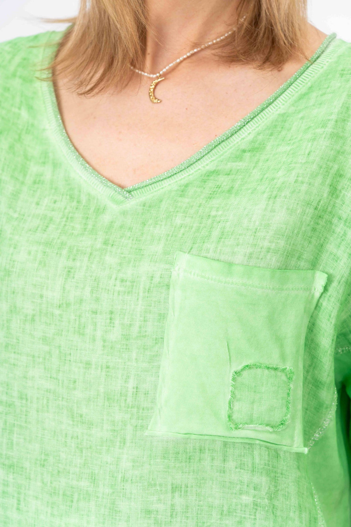Italian Silver Trim Linen V-Neck Top