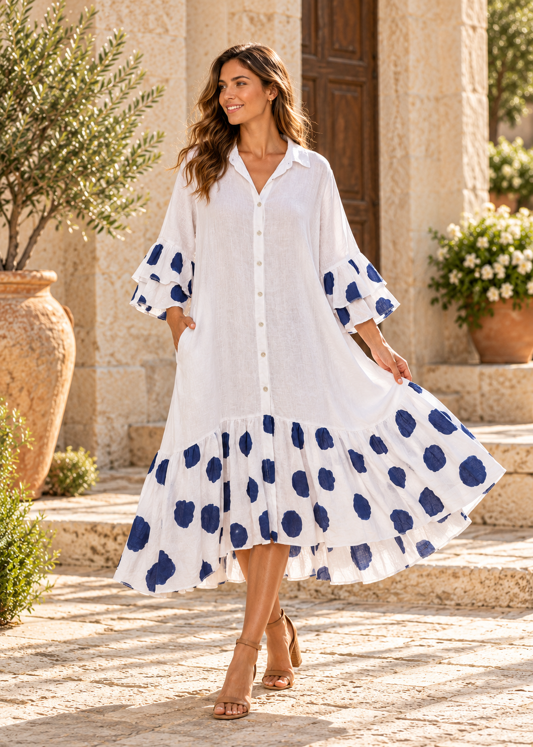 Vestido túnica amarillo pálido con flores multicolor y adornos delanteros símil madera