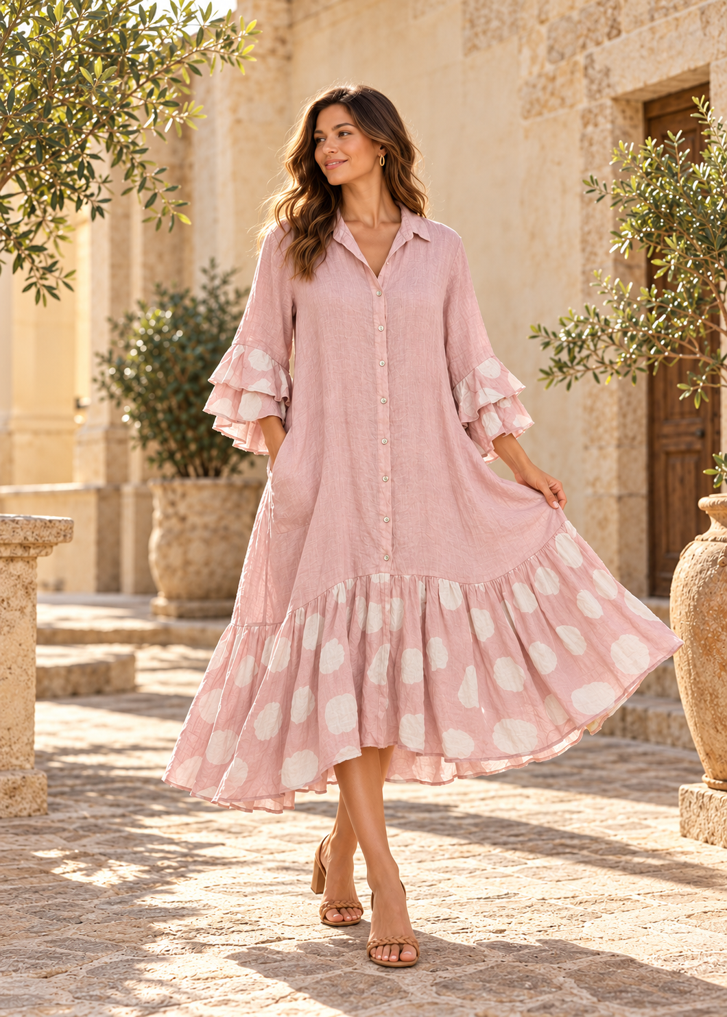 Vestido camisero rosa palo con vuelos de lunares off-white en mangas y ruedo